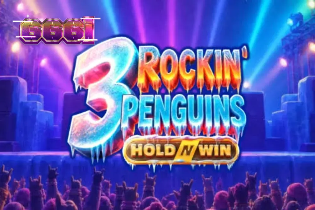 Tampilan visual slot 3 Rockin’ Penguins dengan tema konser punk penguin di atas panggung es.